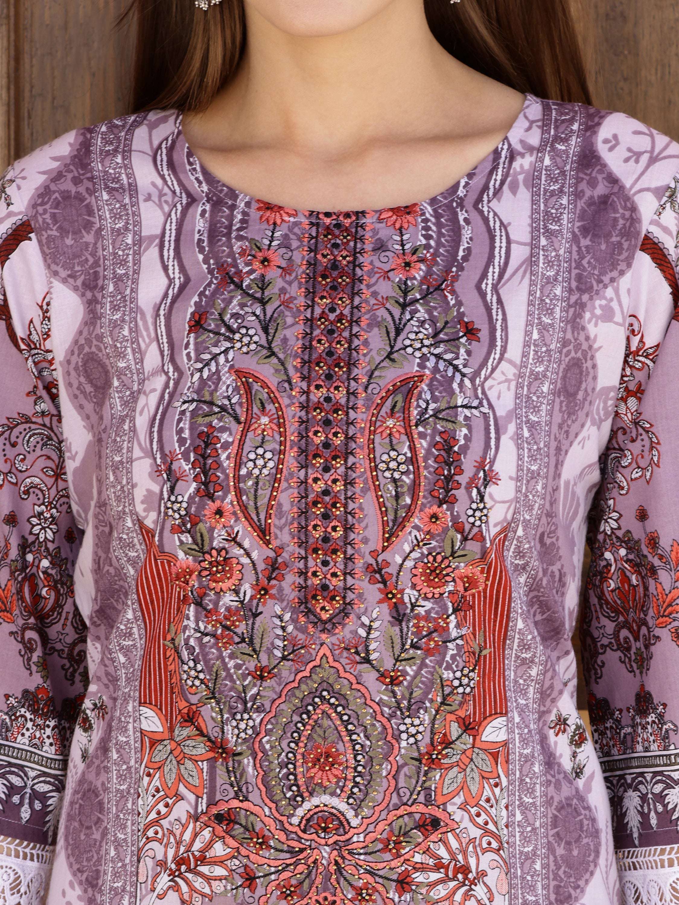 Lavender Pakistani Embroidered Kurta Set with Pant and Dupatta