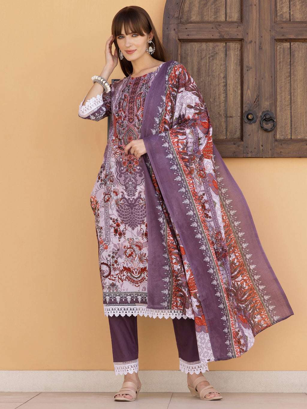 Lavender Pakistani embroidered kurta set with pant and dupatta in cambric fabric