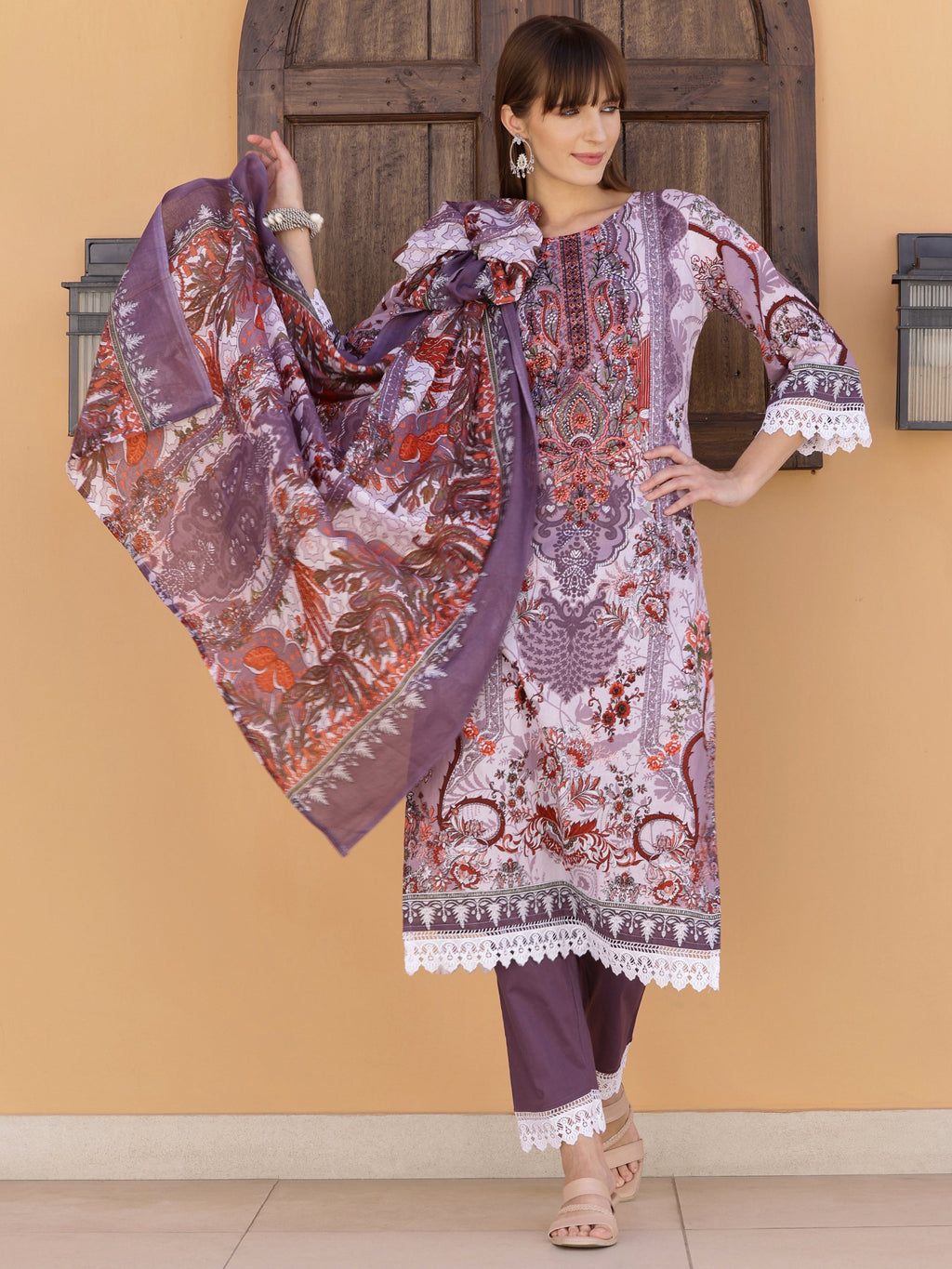 Lavender Pakistani Embroidered Kurta Set with Pant and Dupatta