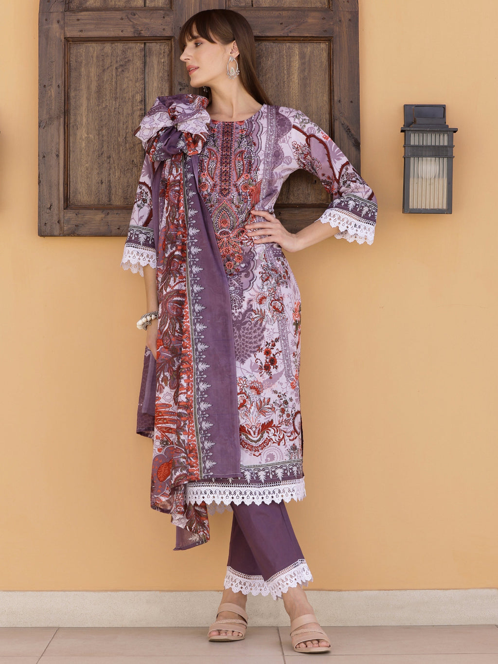 Lavender Pakistani Embroidered Kurta Set with Pant and Dupatta