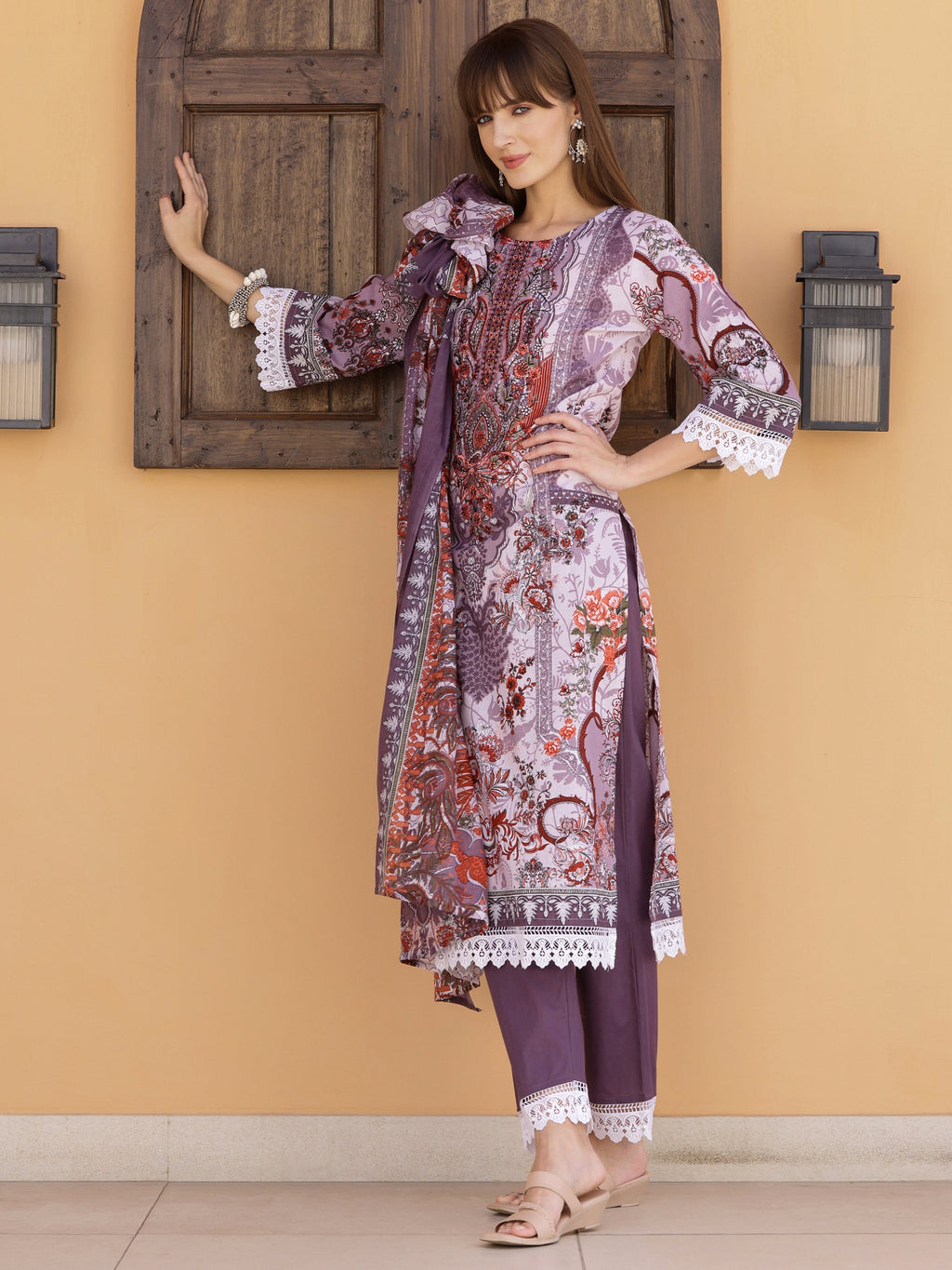Lavender Pakistani Embroidered Kurta Set with Pant and Dupatta
