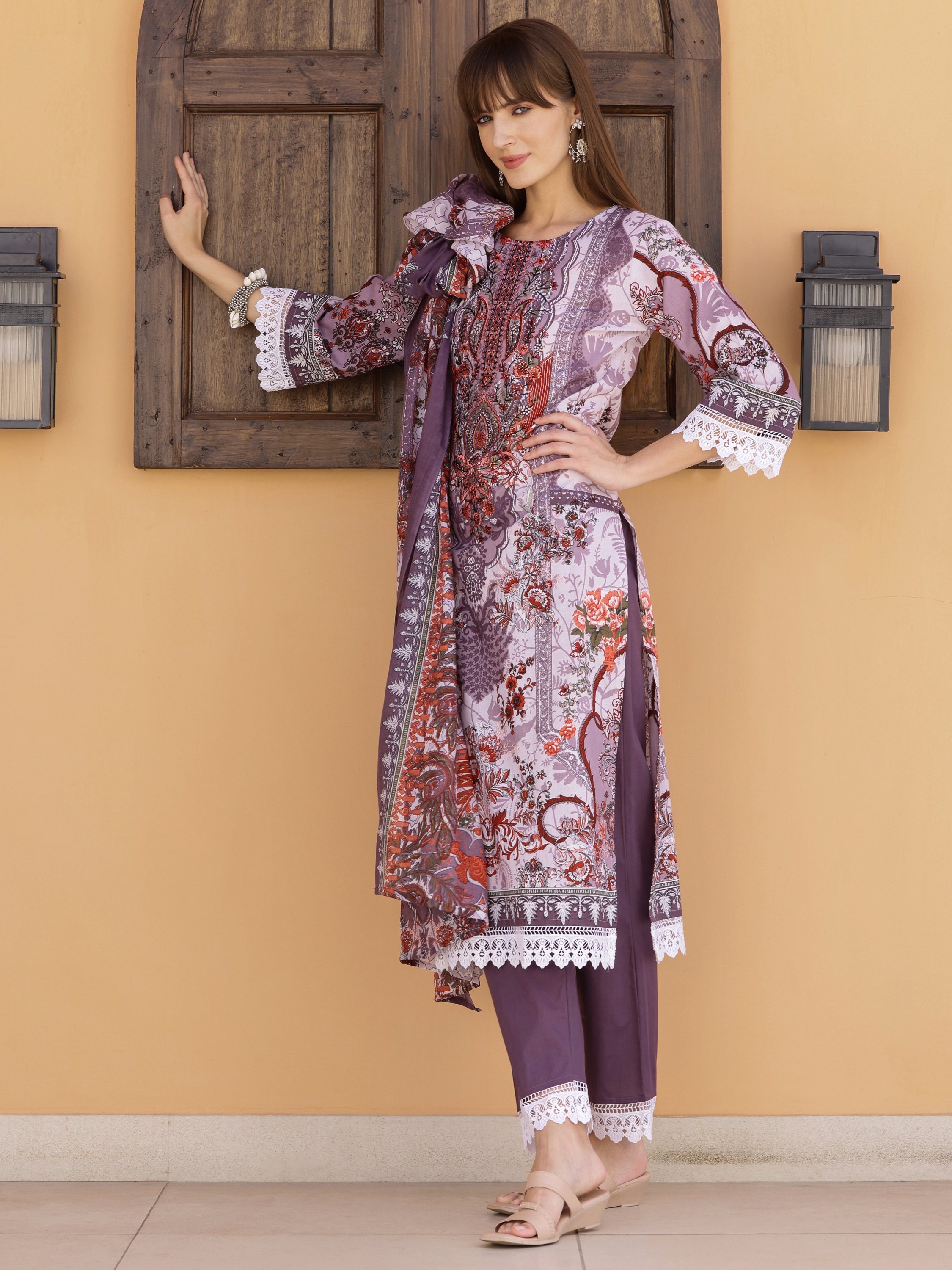 Lavender Pakistani Embroidered Kurta Set with Pant and Dupatta