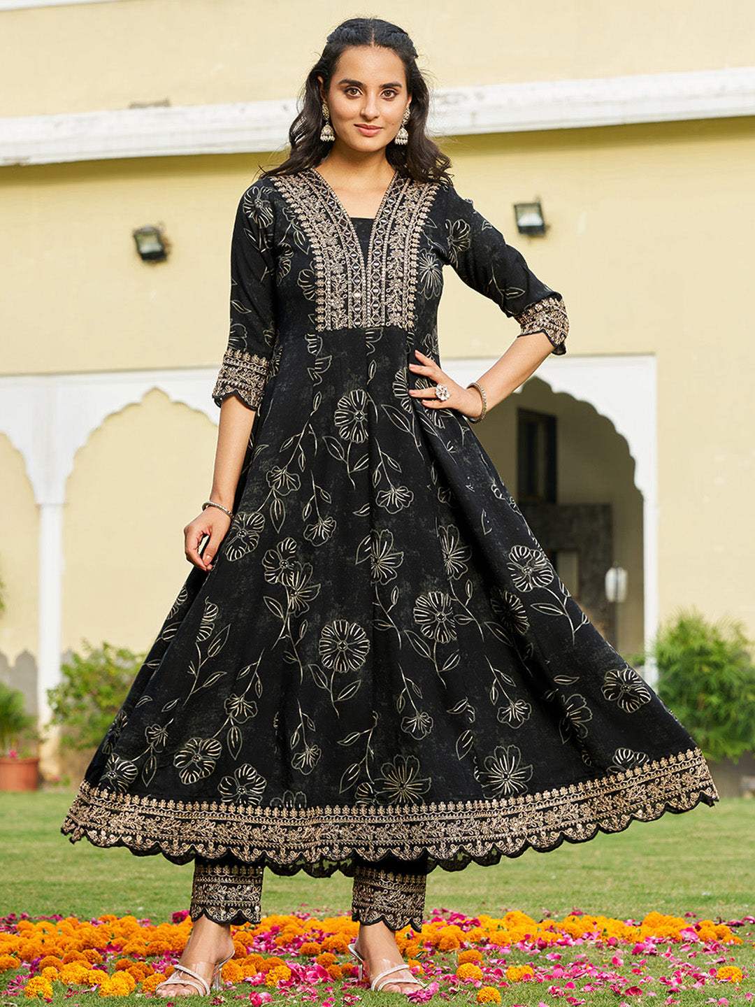 Black Mirror Embroidered Anarkali Kurta Set with Chiffon Dupatta
