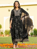Elegant black Anarkali kurta with intricate mirror embroidery, matching pants, and a sheer chiffon dupatta.