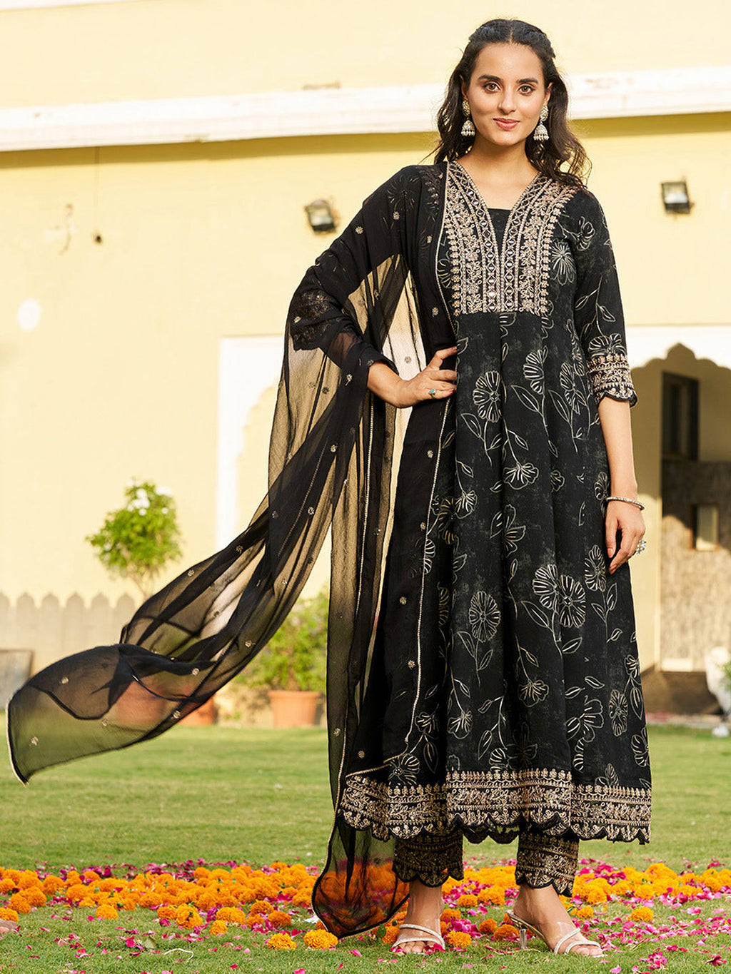 Black Mirror Embroidered Anarkali Kurta Set with Chiffon Dupatta
