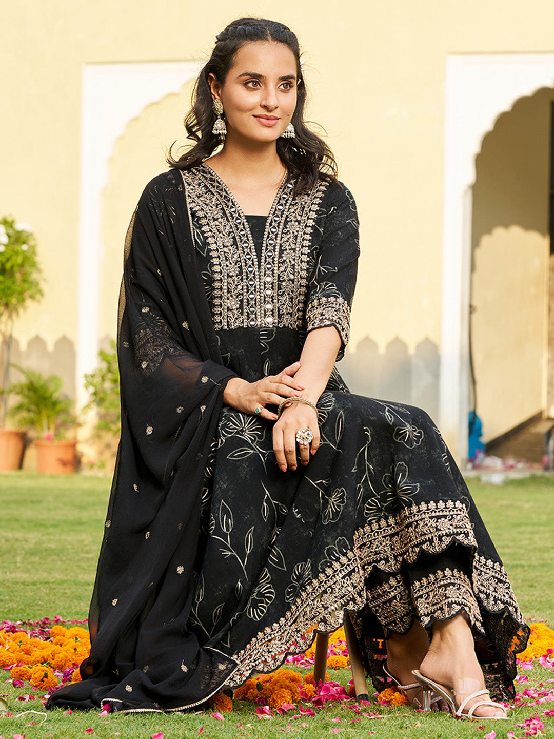 Black Mirror Embroidered Anarkali Kurta Set with Chiffon Dupatta