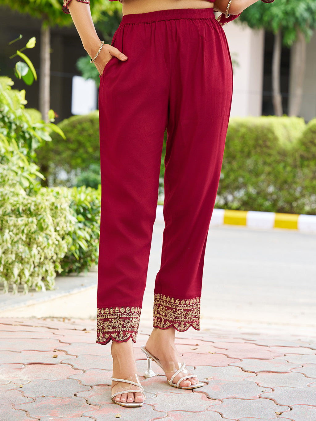 Maroon Mirror Embroidered Anarkali Kurta Set with Chiffon Dupatta