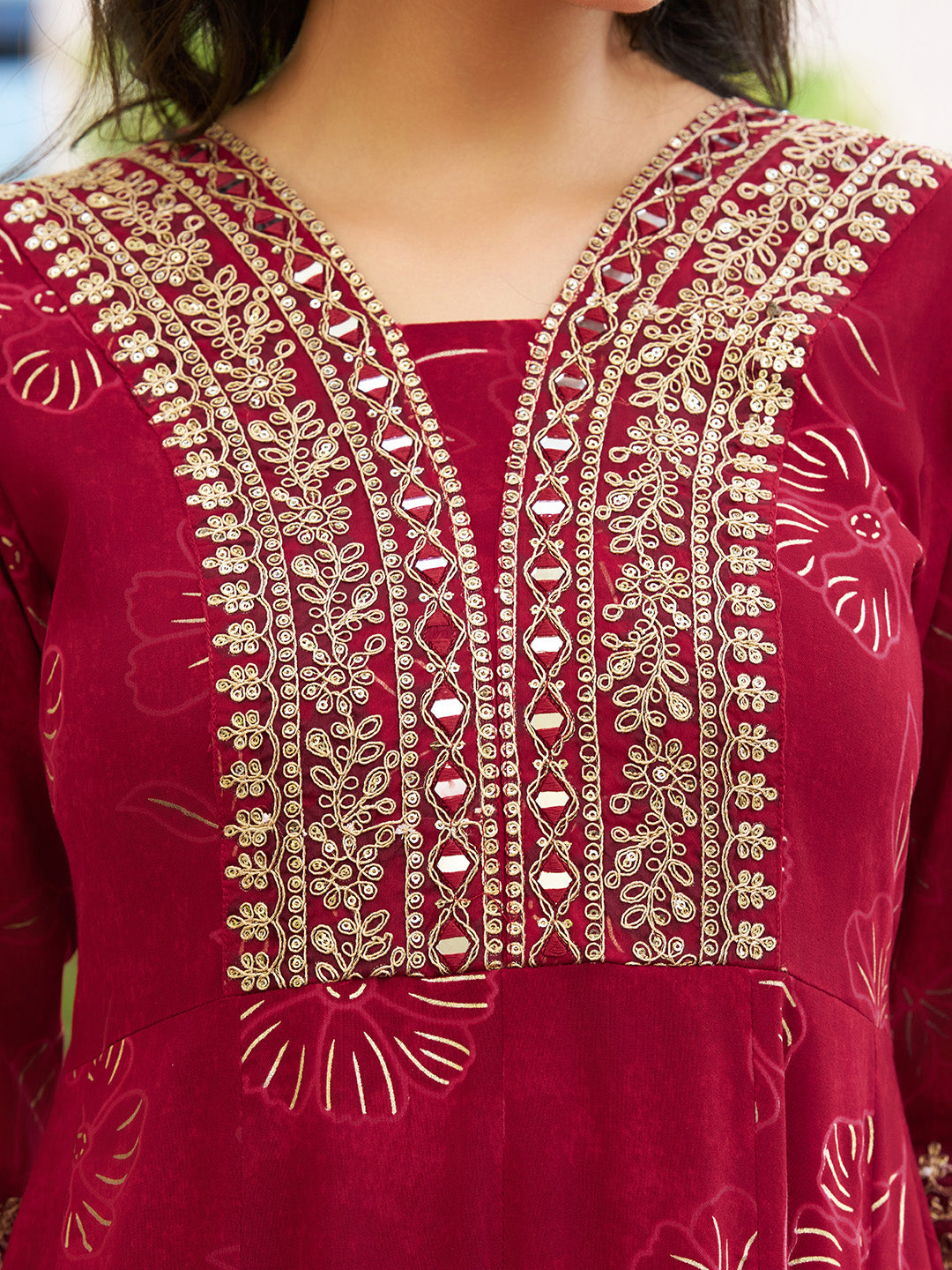 Maroon Mirror Embroidered Anarkali Kurta Set with Chiffon Dupatta