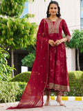 Maroon Anarkali kurta with mirror embroidery, matching pants, and a chiffon dupatta.
