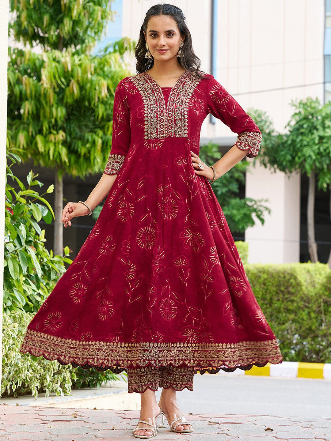 Maroon Mirror Embroidered Anarkali Kurta Set with Chiffon Dupatta