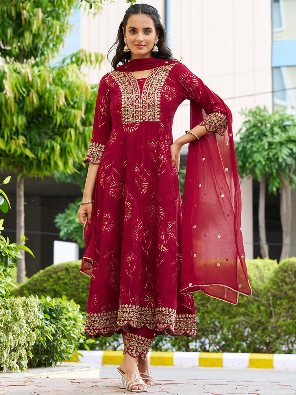 Maroon Mirror Embroidered Anarkali Kurta Set with Chiffon Dupatta