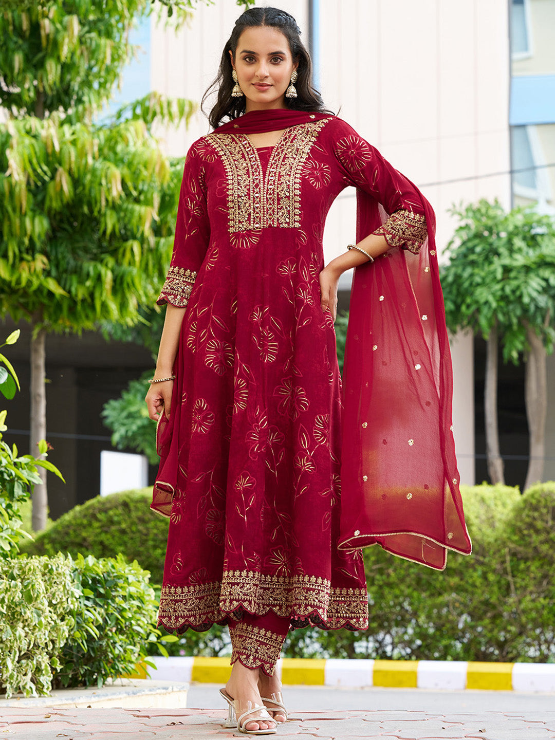 Maroon Mirror Embroidered Anarkali Kurta Set with Chiffon Dupatta