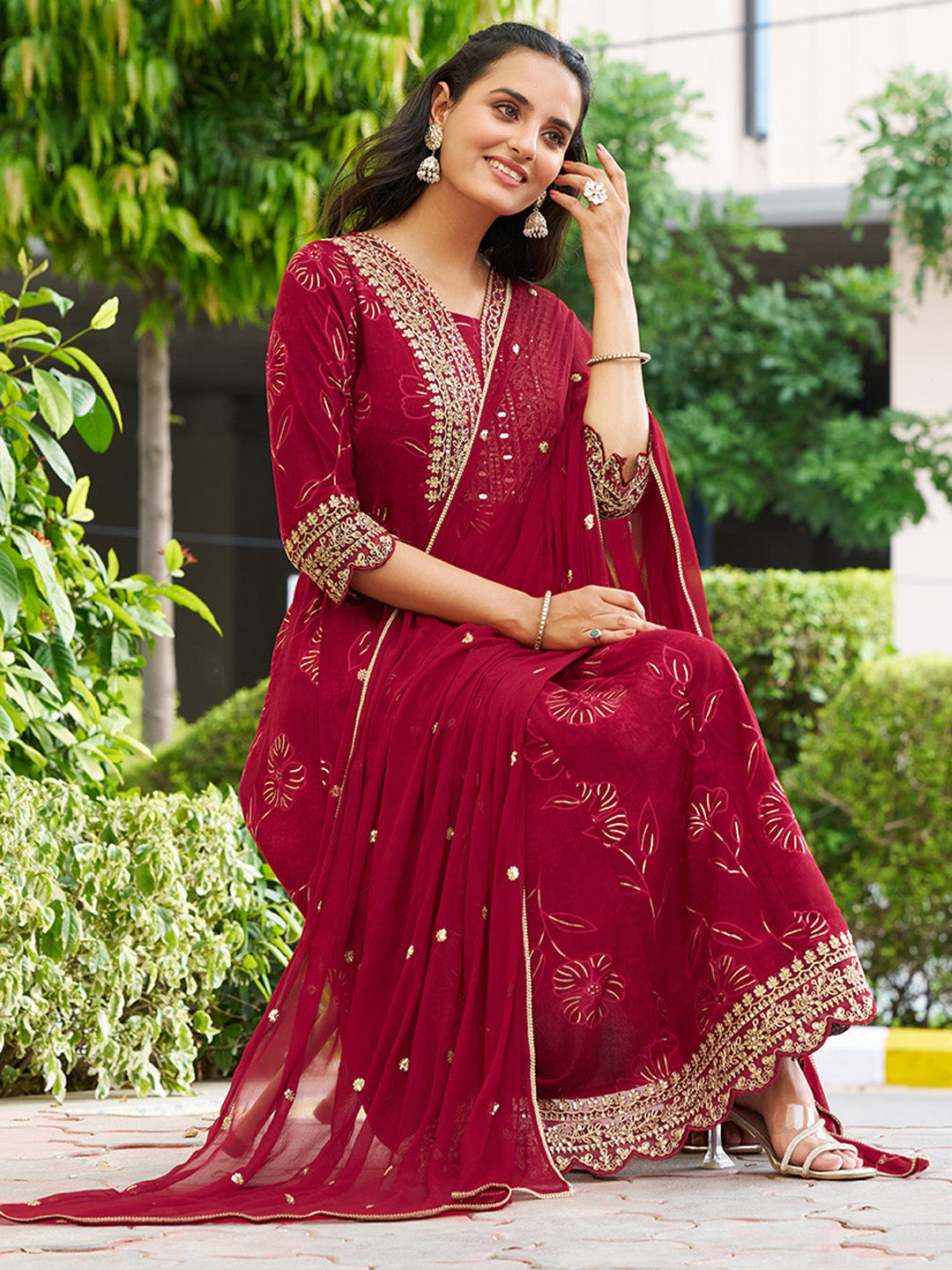 Maroon Mirror Embroidered Anarkali Kurta Set with Chiffon Dupatta