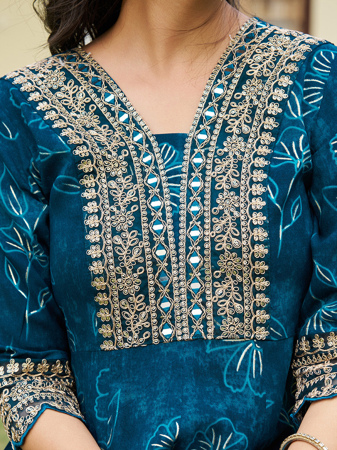 Teal Mirror Embroidered Anarkali Kurta Set with Chiffon Dupatta