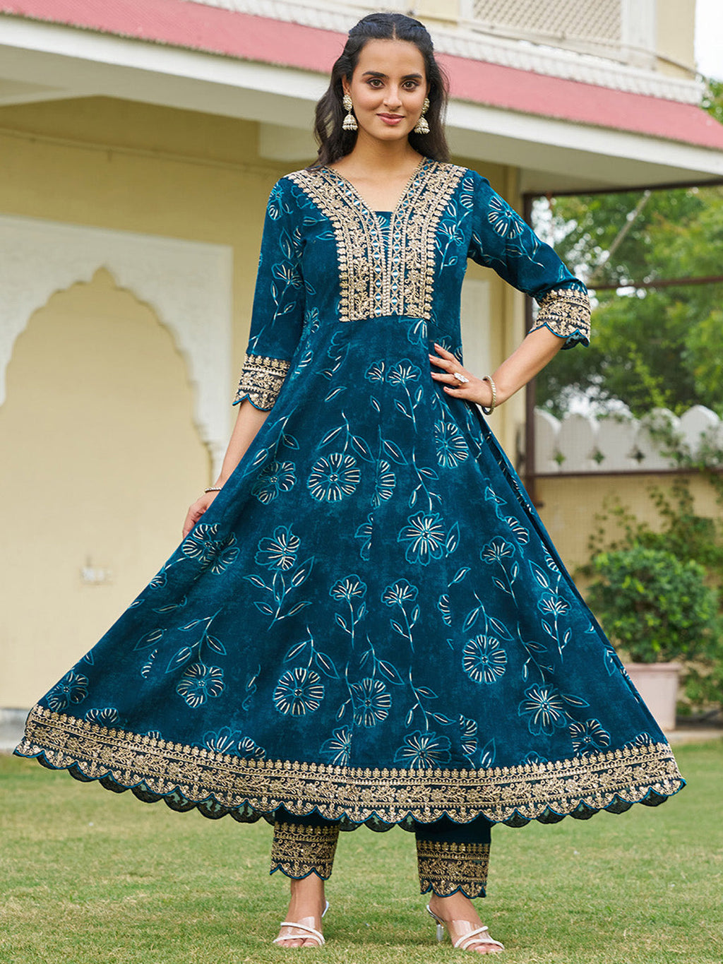 Teal Mirror Embroidered Anarkali Kurta Set with Chiffon Dupatta