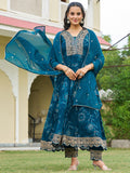 Teal Anarkali kurta with intricate mirror embroidery, matching pant, and chiffon dupatta