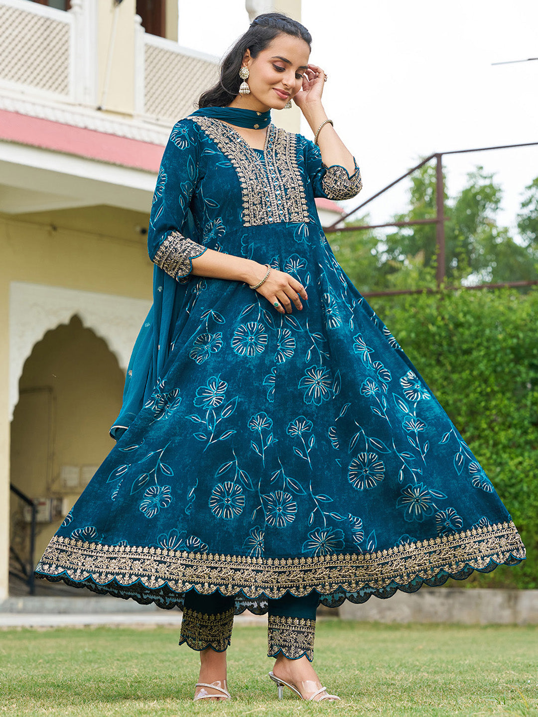 Teal Mirror Embroidered Anarkali Kurta Set with Chiffon Dupatta