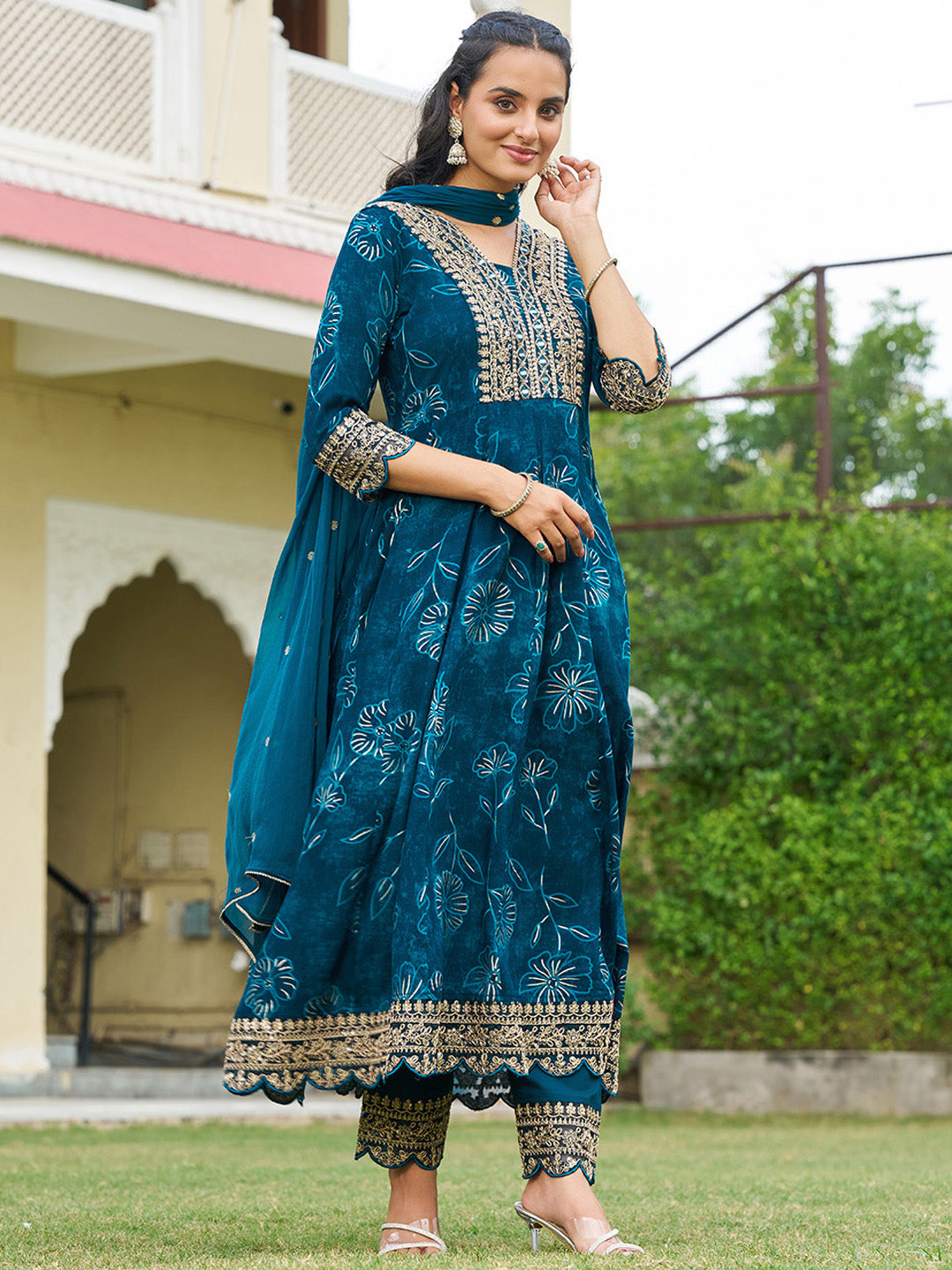 Teal Mirror Embroidered Anarkali Kurta Set with Chiffon Dupatta
