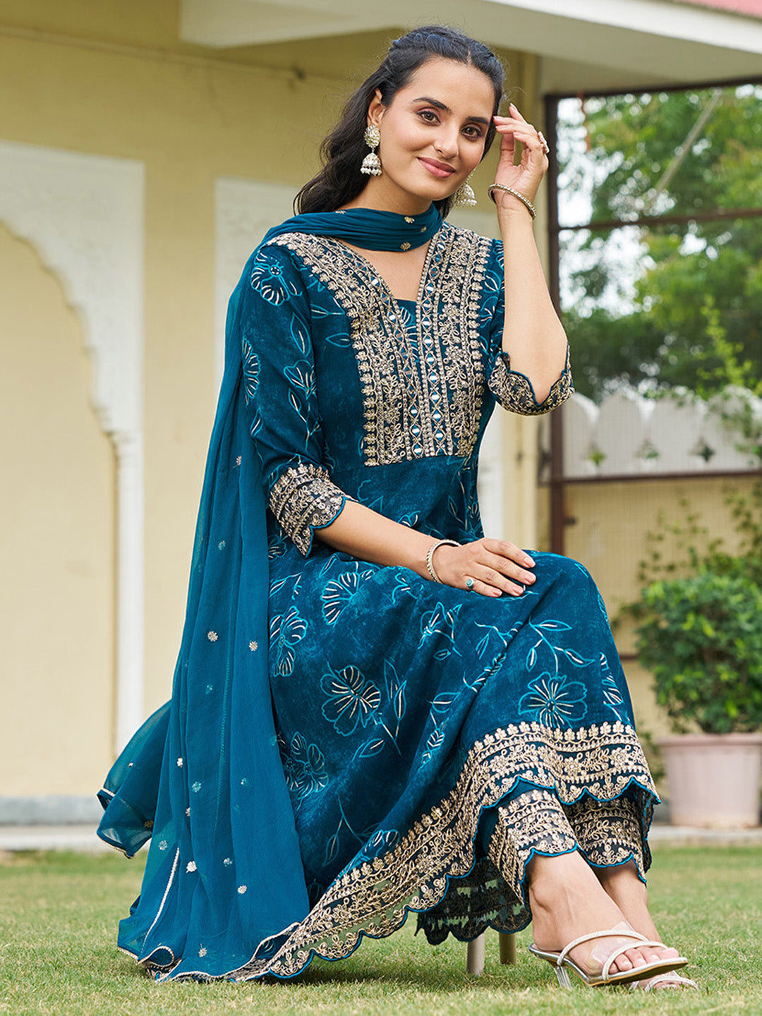 Teal Mirror Embroidered Anarkali Kurta Set with Chiffon Dupatta
