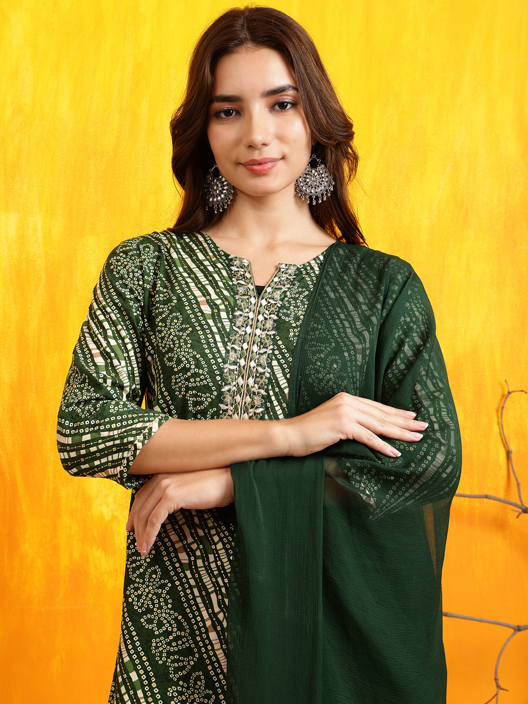 Green Embroidered Rayon Kurta Set with Pant and Dupatta