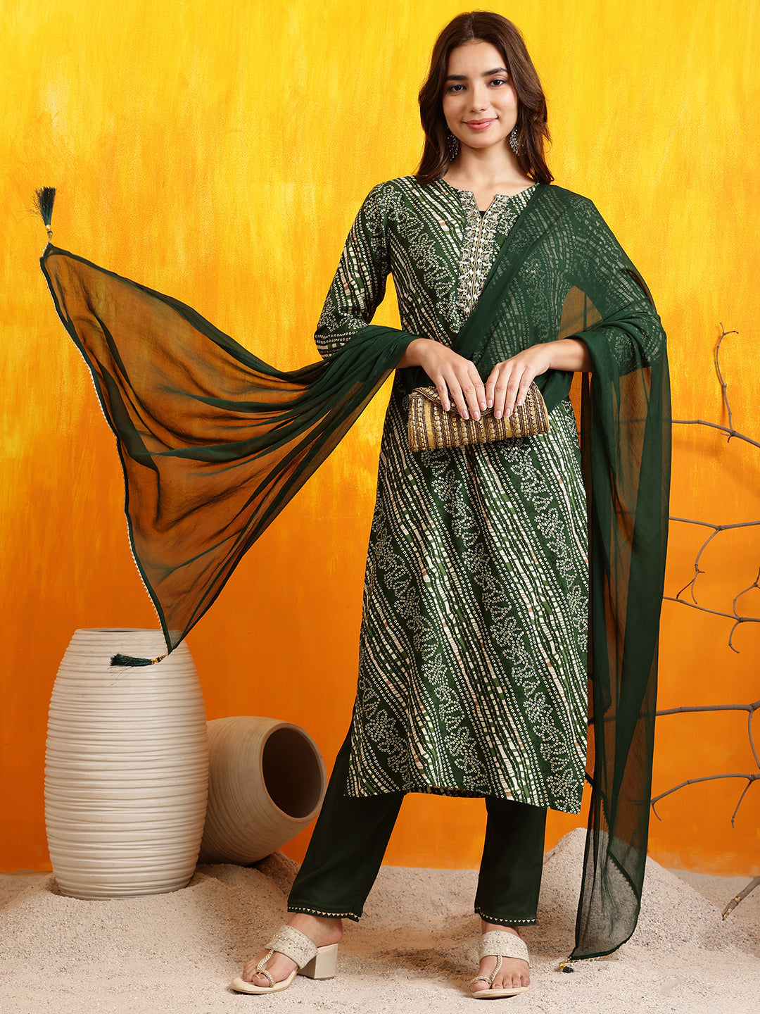 Green Embroidered Rayon Kurta Set with Pant and Dupatta