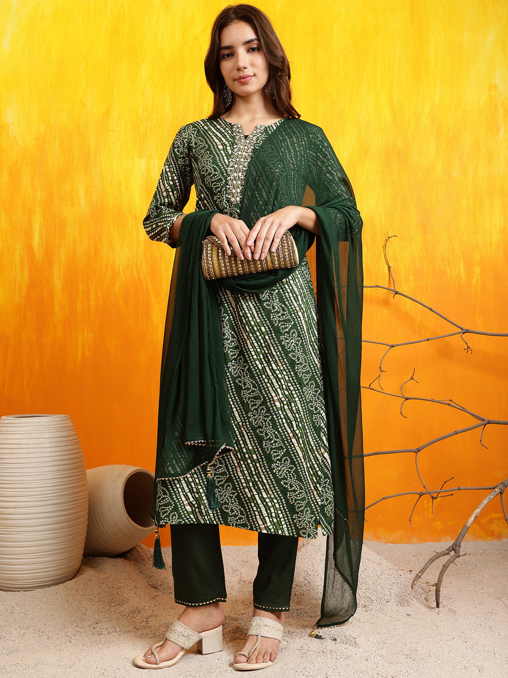 Green Embroidered Rayon Kurta Set with Pant and Dupatta
