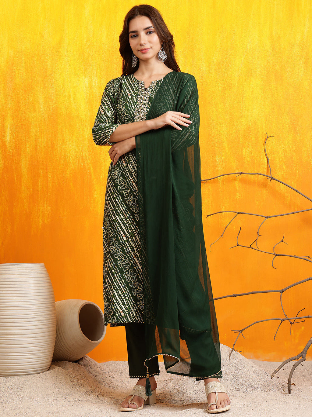 Green embroidered rayon kurta set with matching pant and dupatta
