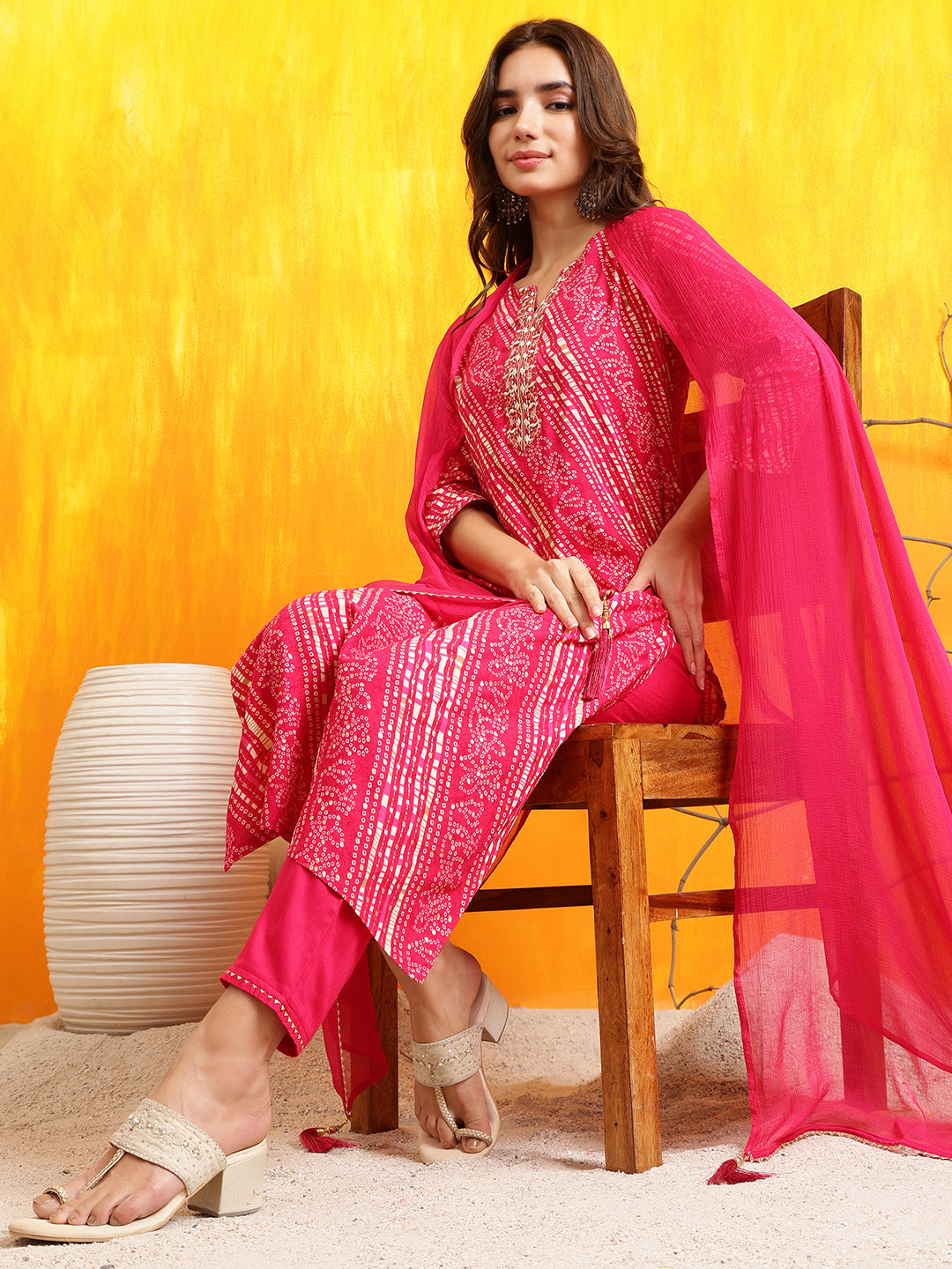 Pink Embroidered Kurta Set with Pant and Dupatta in Rayon Fabric