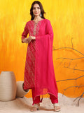 Elegant pink embroidered kurta set with matching pants and dupatta in soft rayon fabric