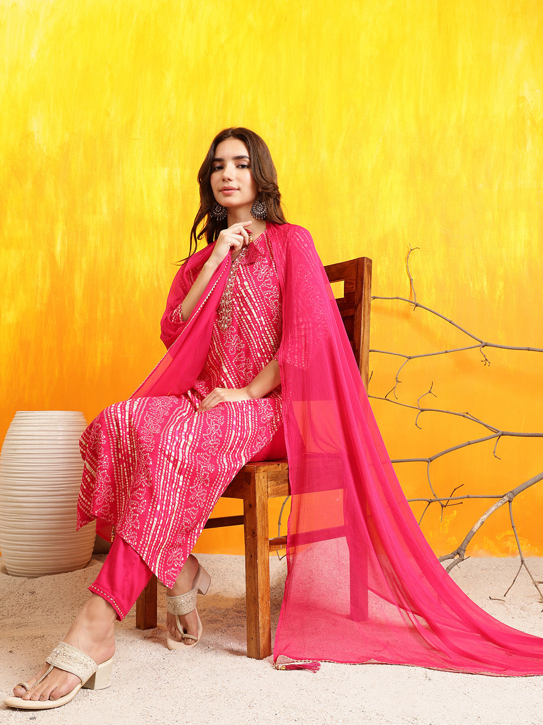 Pink Embroidered Kurta Set with Pant and Dupatta in Rayon Fabric
