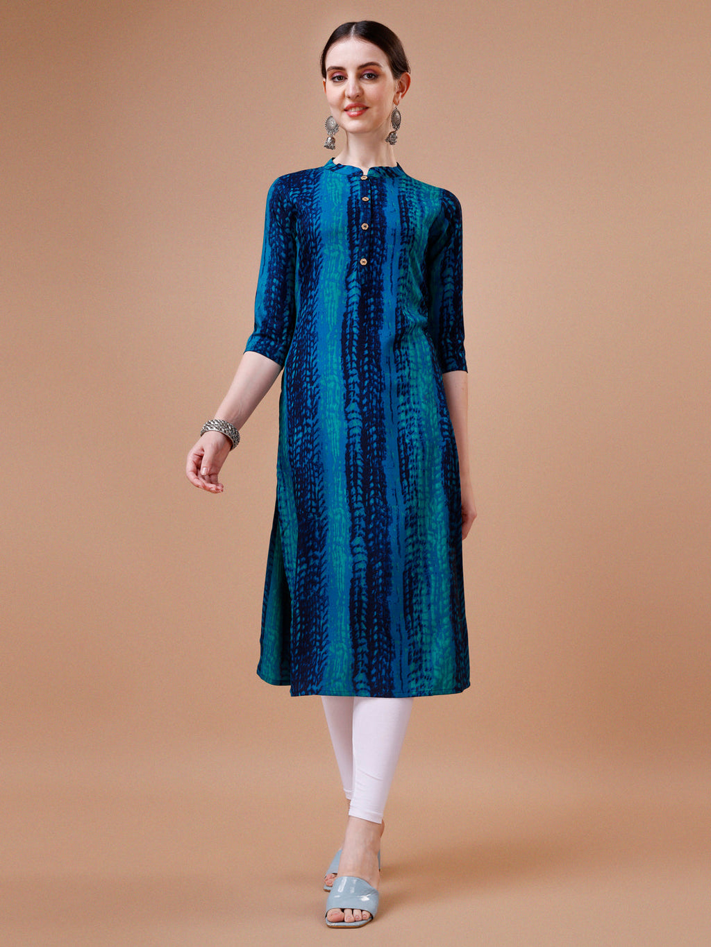 Multicolor Shibori Printed Rayon Kurta for Women 3/4th Sleeve