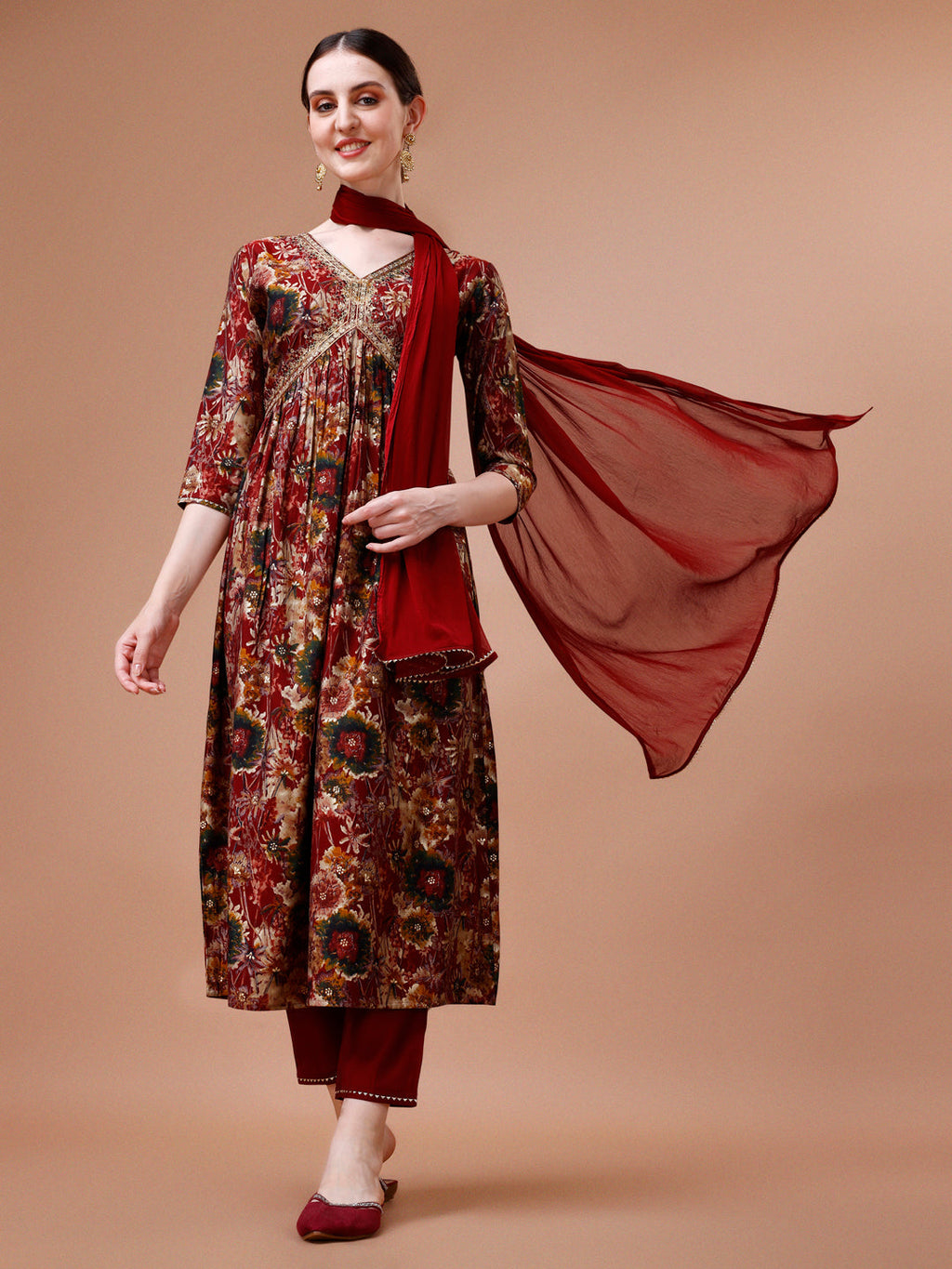 A multicolor Alia cut printed and embroidered kurta set including matching pant and dupatta made of rayon