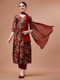 A multicolor Alia cut printed and embroidered kurta set including matching pant and dupatta made of rayon