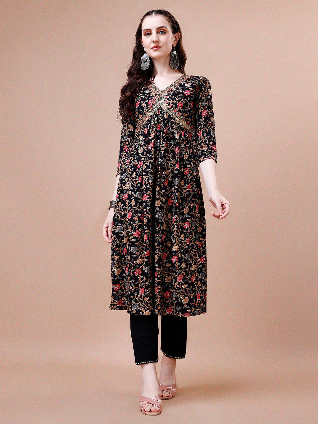Alia Cut Floral Embroidered Rayon Kurta Set with Pant & Dupatta