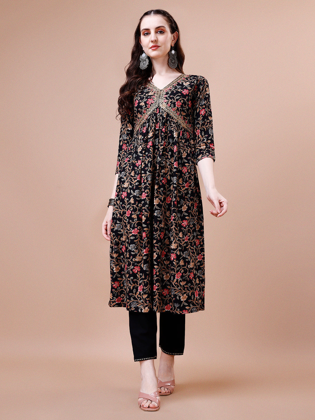 Alia Cut Floral Embroidered Rayon Kurta Set with Pant & Dupatta