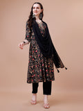 Alia cut floral printed rayon kurta set with intricate embroidery, matching pant, and dupatta