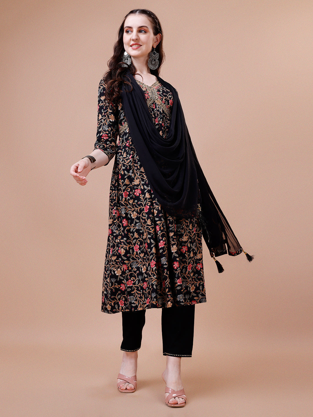 Alia cut floral printed rayon kurta set with intricate embroidery, matching pant, and dupatta