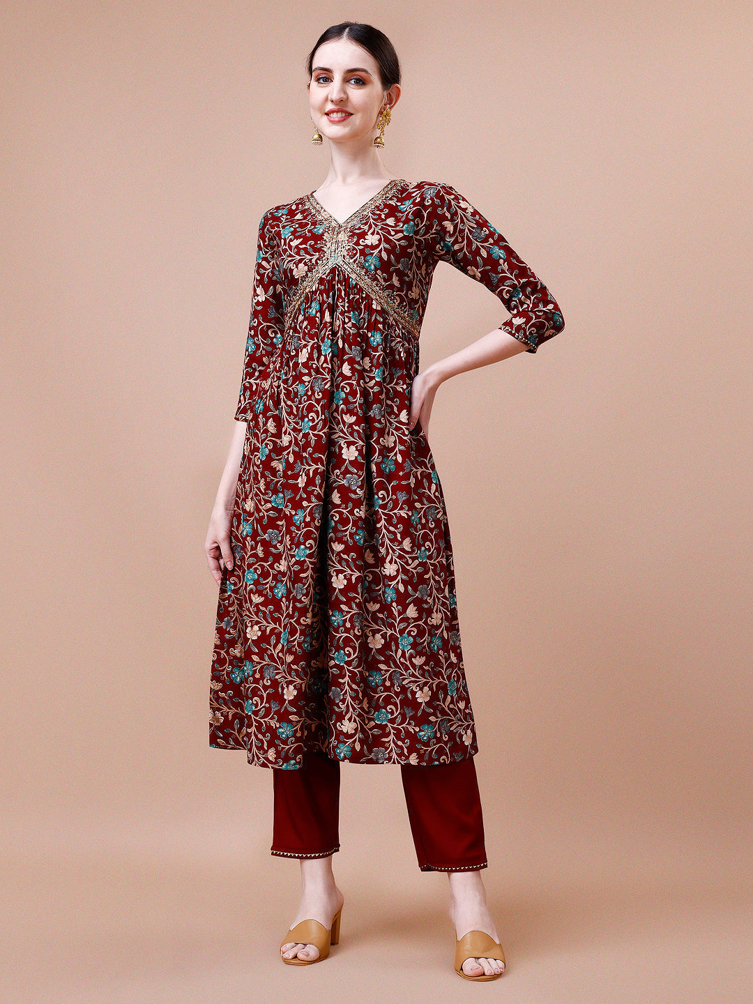Alia Cut Embroidered Floral Rayon Kurta Set, Multicolor