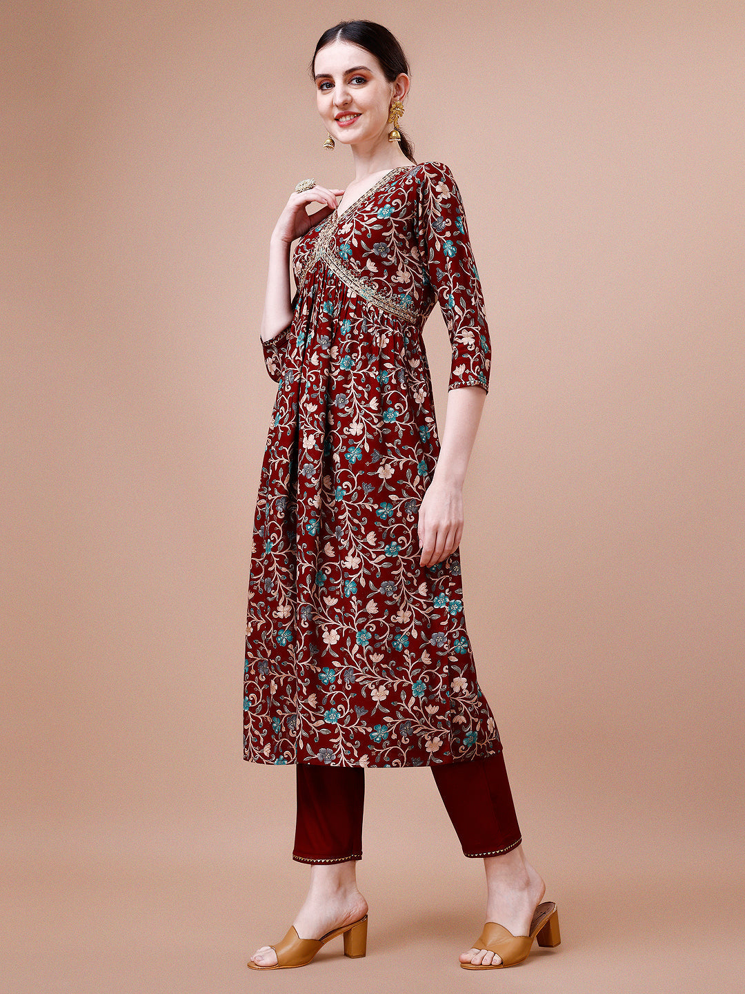 Alia Cut Embroidered Floral Rayon Kurta Set, Multicolor