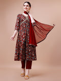Alia cut multicolor floral rayon kurta set with matching pants and dupatta.