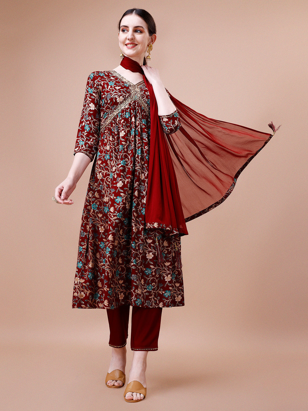 Alia cut multicolor floral rayon kurta set with matching pants and dupatta.