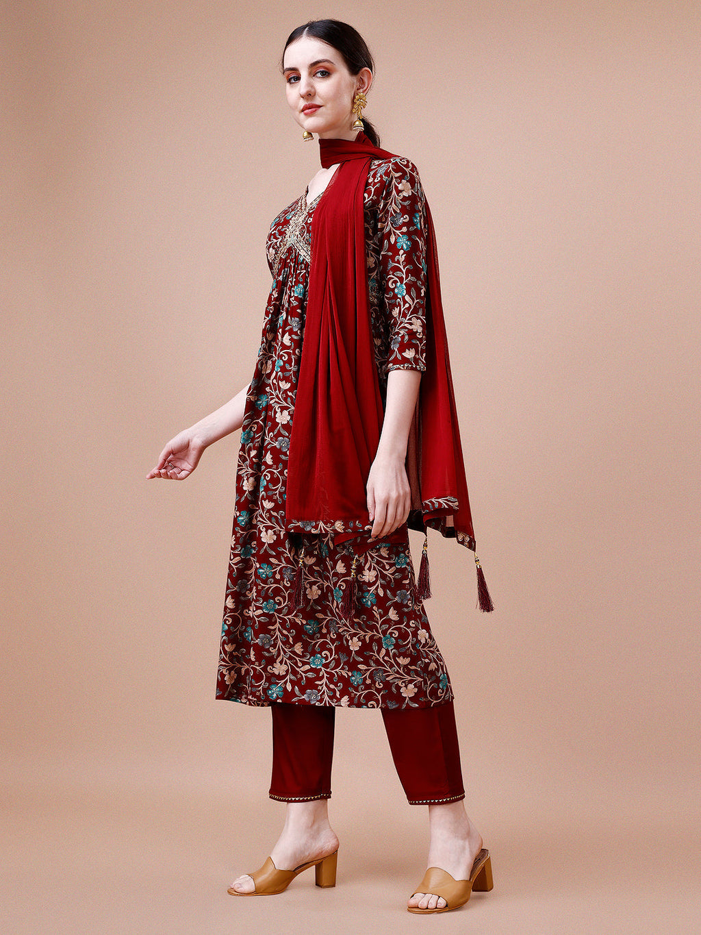 Alia Cut Embroidered Floral Rayon Kurta Set, Multicolor