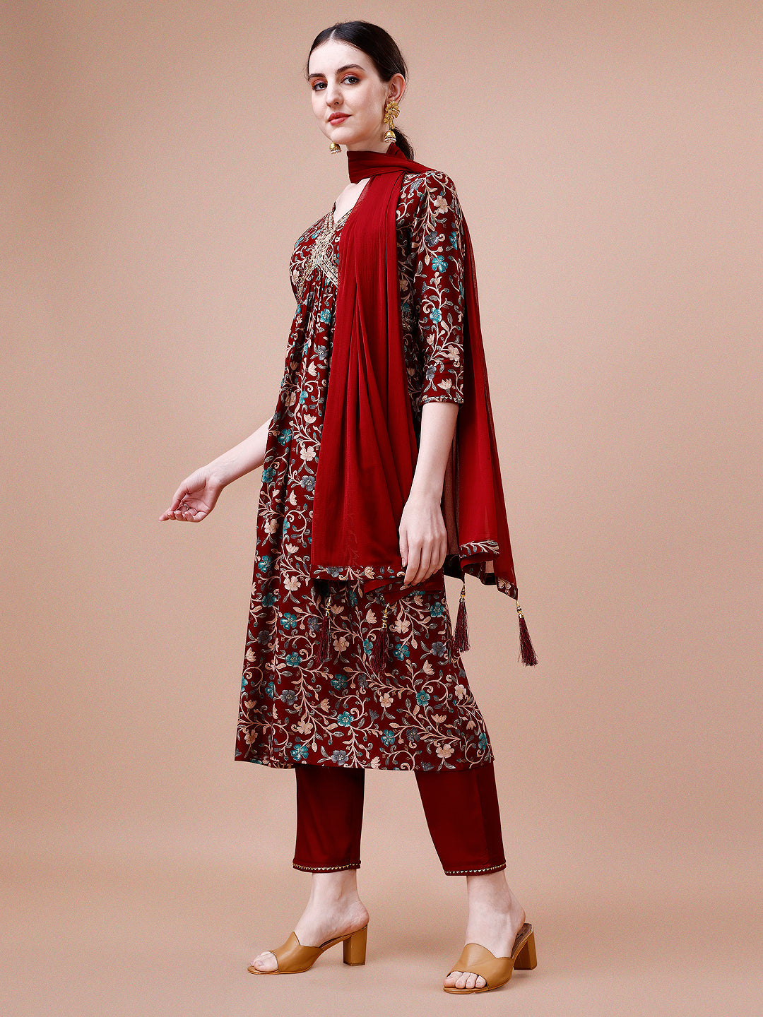 Alia Cut Embroidered Floral Rayon Kurta Set, Multicolor