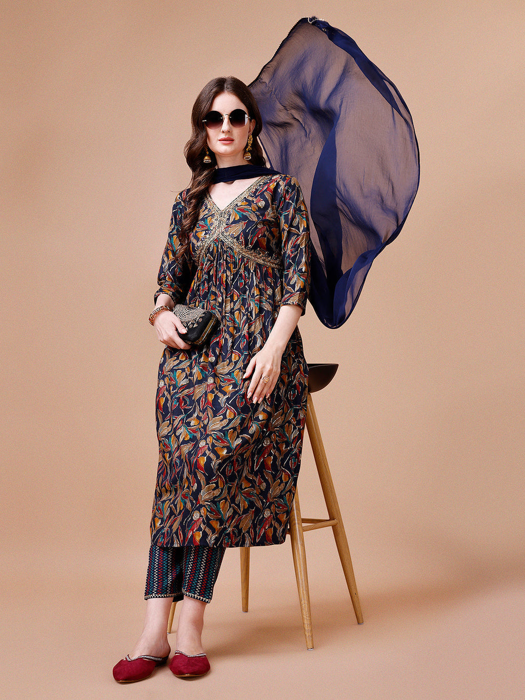 Multicolor Alia Cut botanical printed rayon kurta set with detailed embroidery