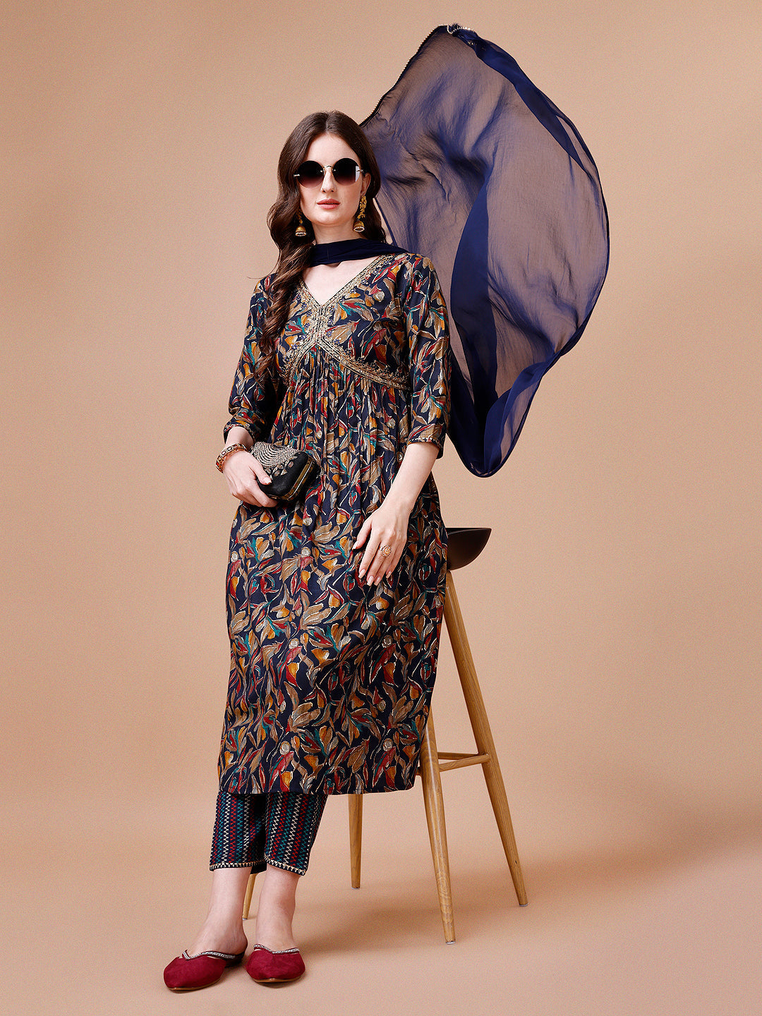 Multicolor Alia Cut botanical printed rayon kurta set with detailed embroidery