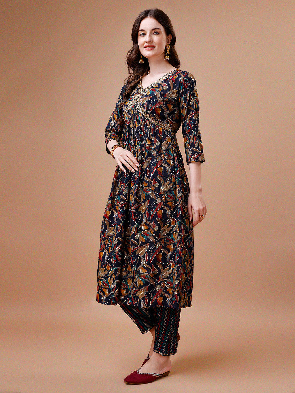 Multicolor Alia Cut Botanical Print Kurta Set with Dupatta