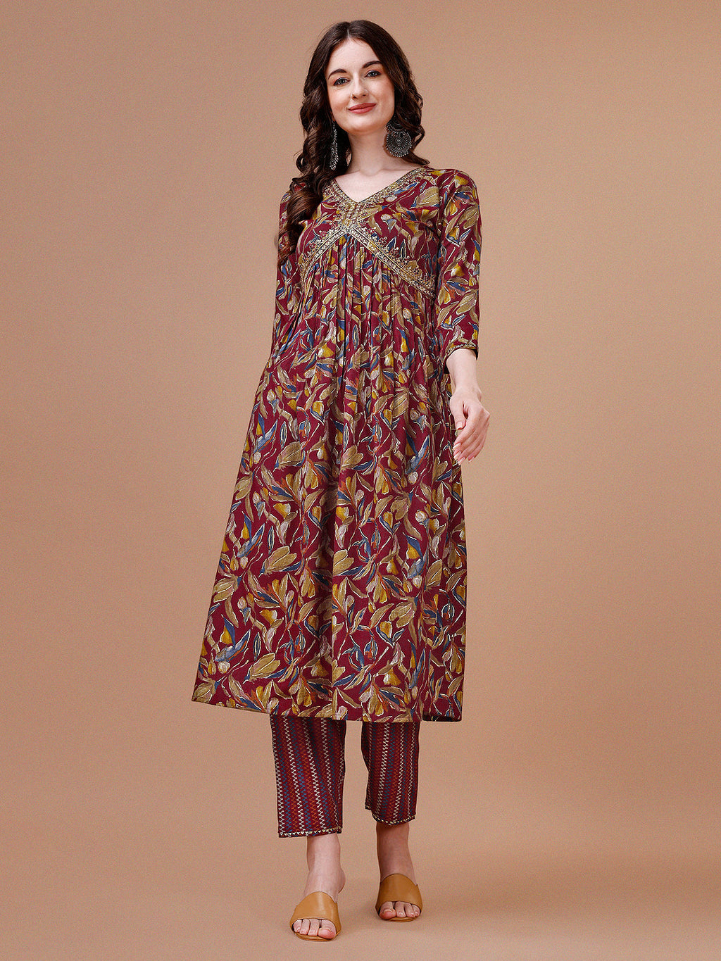Multicolor Botanical Print Alia Cut Kurta Set with Embroidery