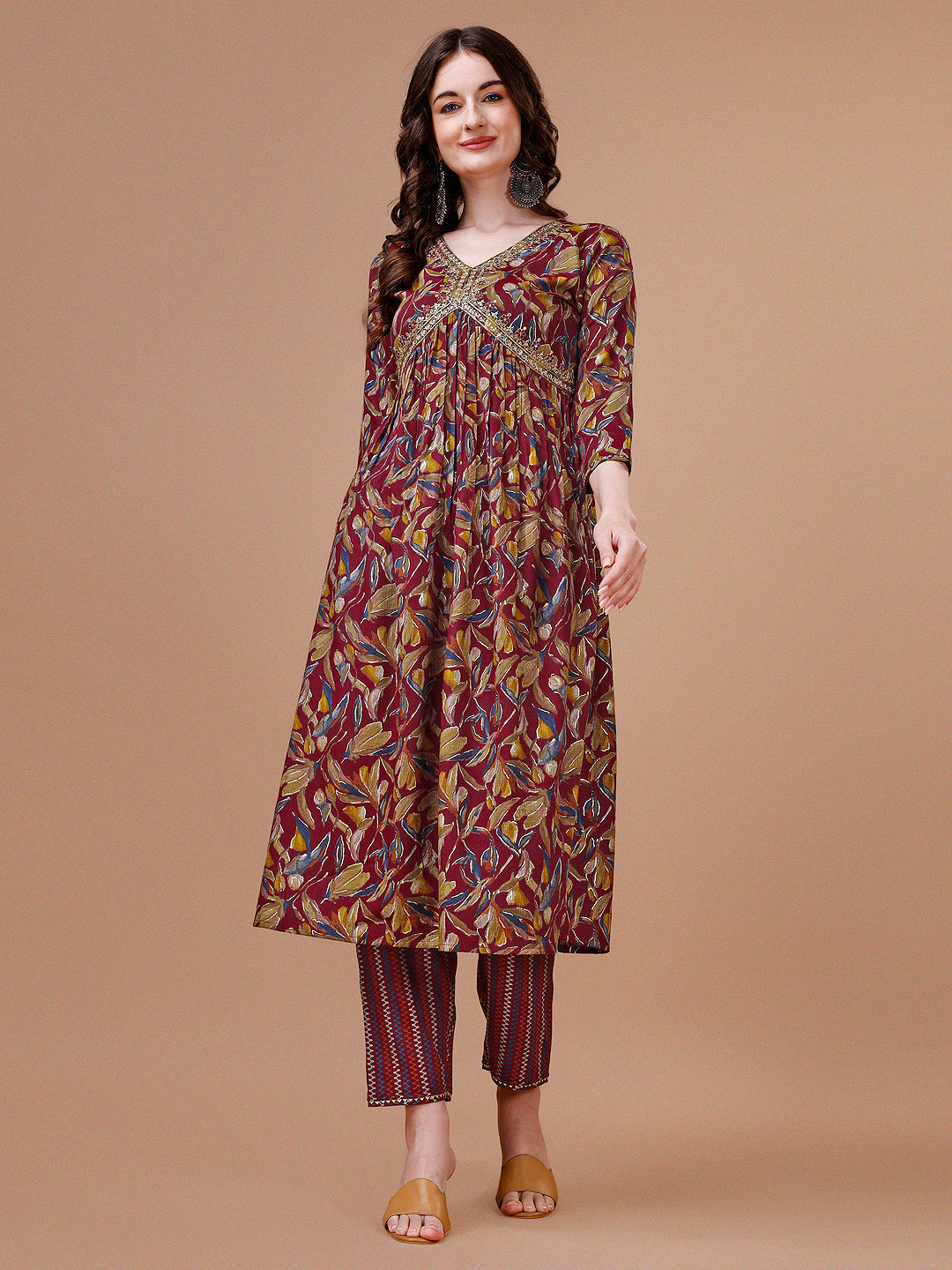 Multicolor Botanical Print Alia Cut Kurta Set with Embroidery