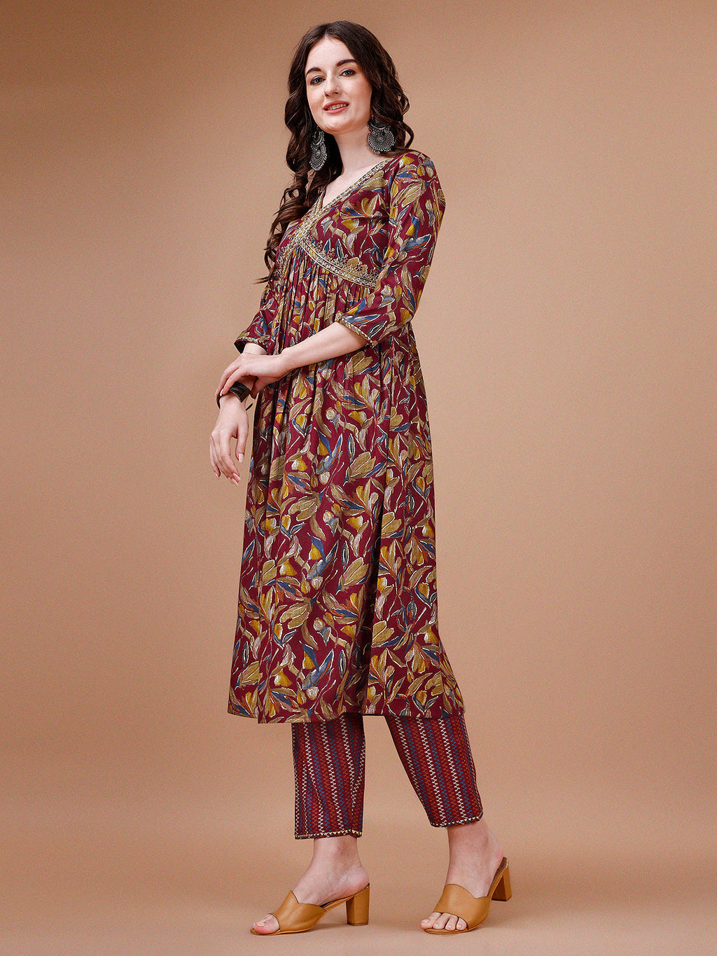 Multicolor Botanical Print Alia Cut Kurta Set with Embroidery