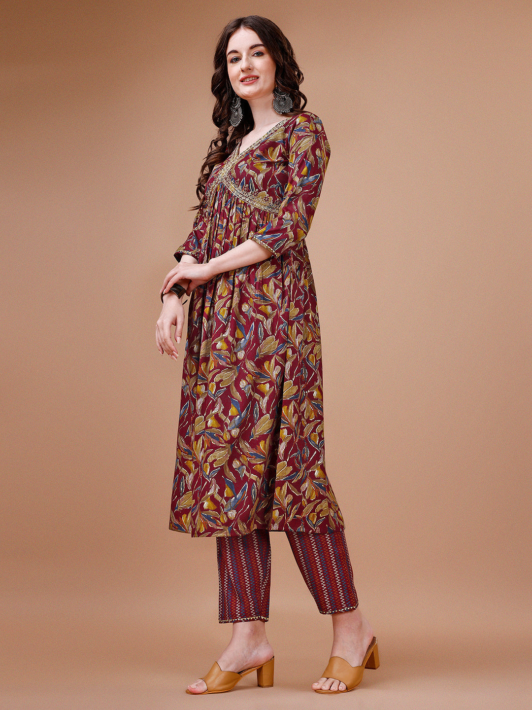 Multicolor Botanical Print Alia Cut Kurta Set with Embroidery